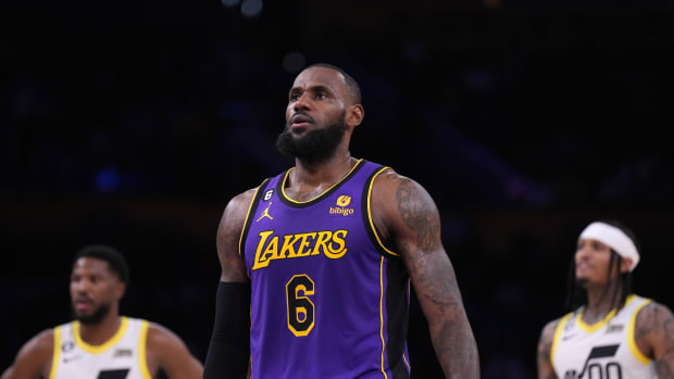 Los Angeles Lakers forward LeBron James (6) reacts against the Utah Jazz in the first half at Crypto.com Arena.